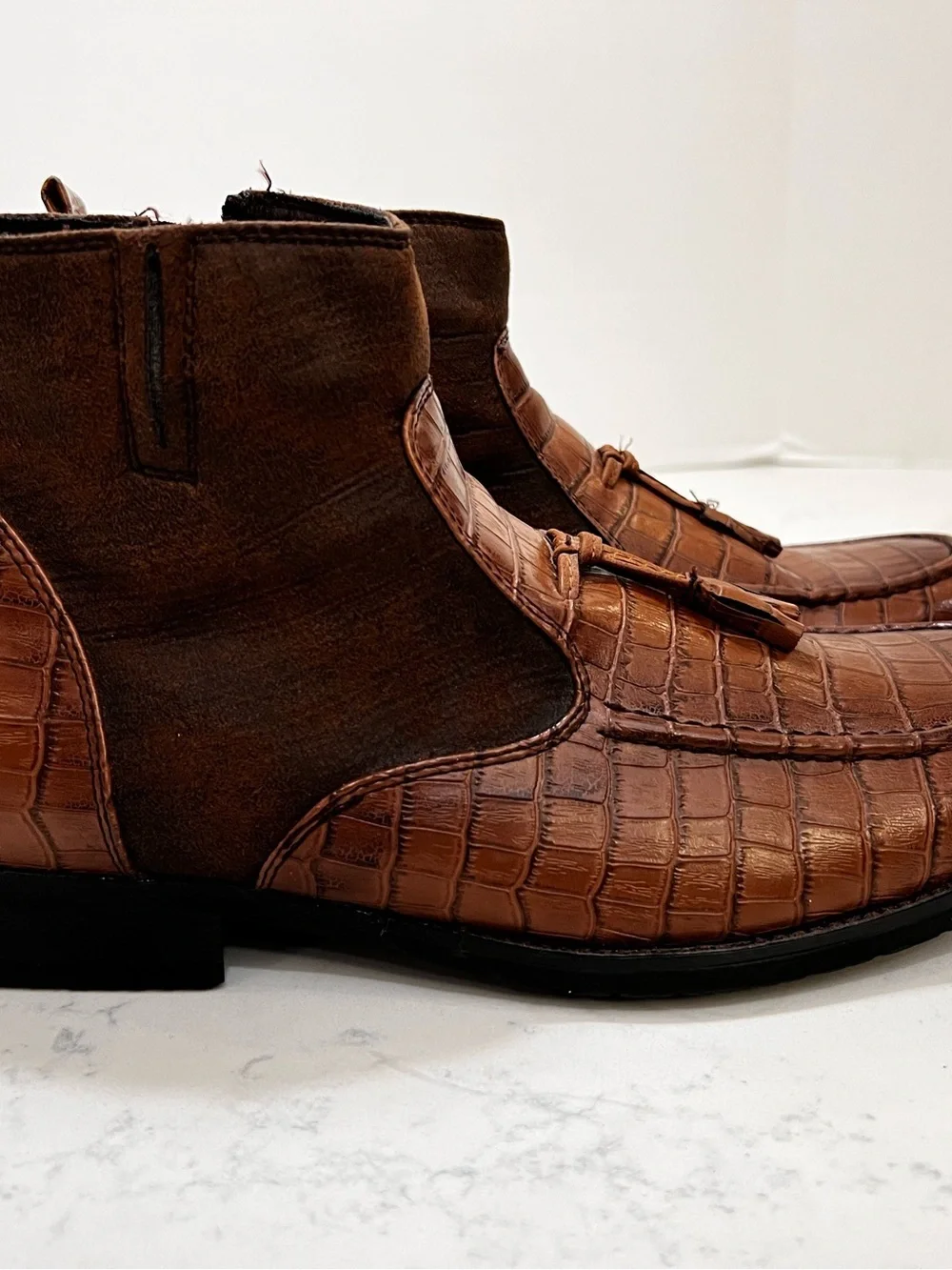 Men's Brown Croc-Embossed Tassel Chelsea Boots
